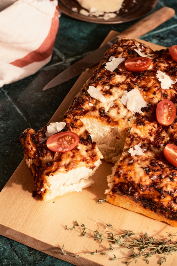 Freshly baked focaccia, golden crust