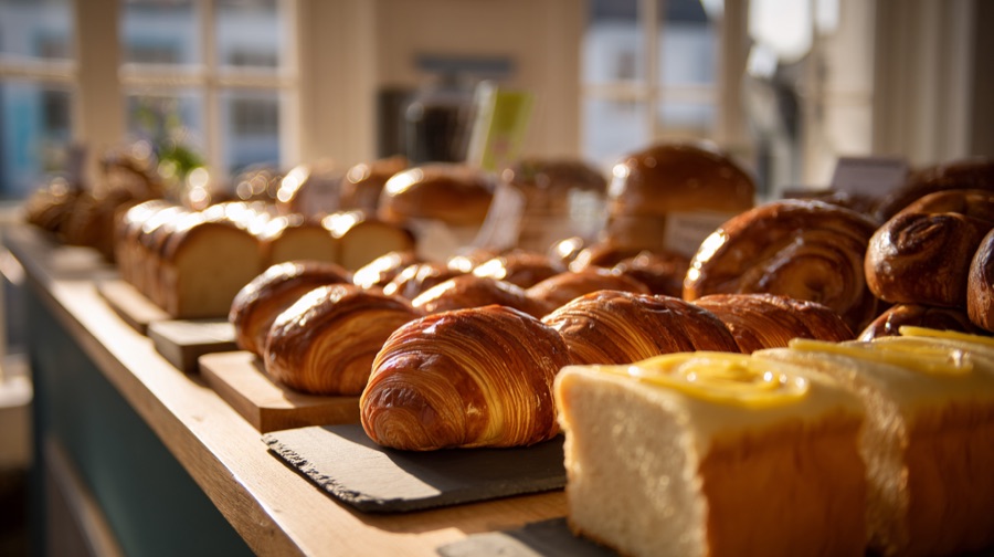 Buttery laminated pastry on a slate board