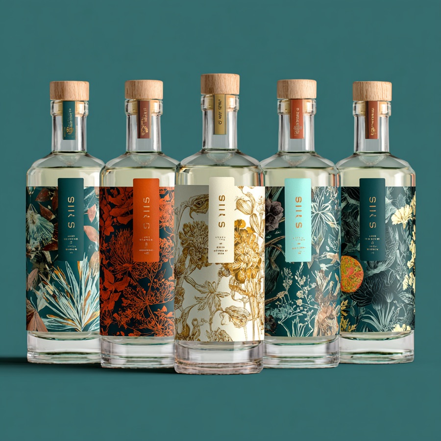 Five-SKU gin liqueur range, botanical bottles