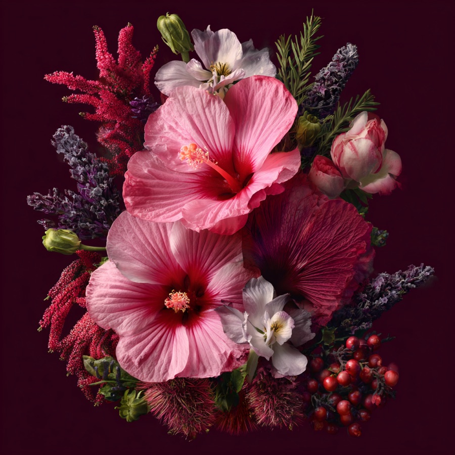 Floral and botanical flavour ingredients: hibiscus, elderflower, juniper, rose, lavender