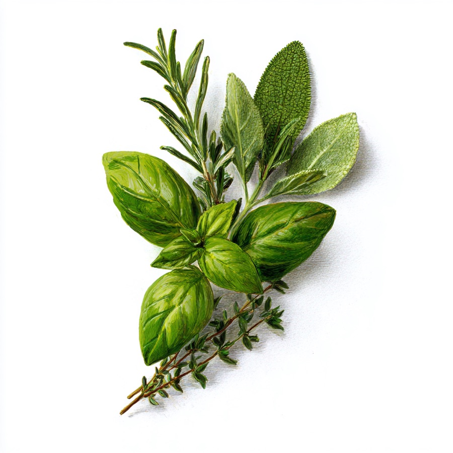 Herbs and aromatics: basil, thyme, rosemary, mint, sage