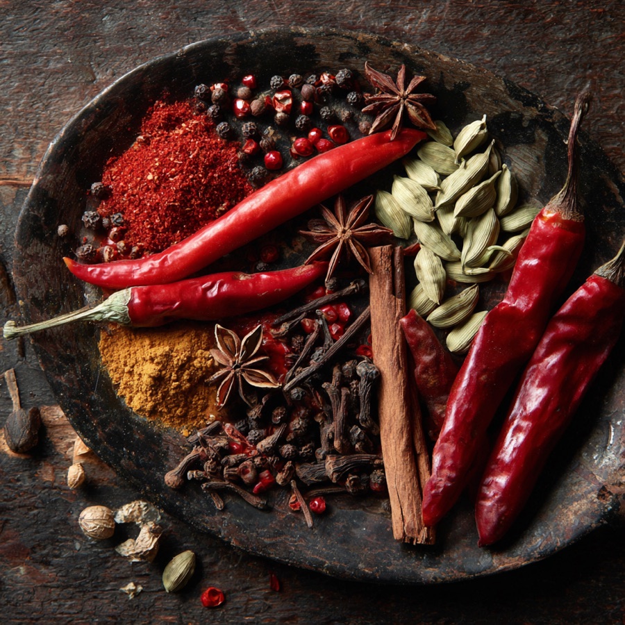 Warming, hot and aromatic flavour ingredients: chilli, cardamom, ginger